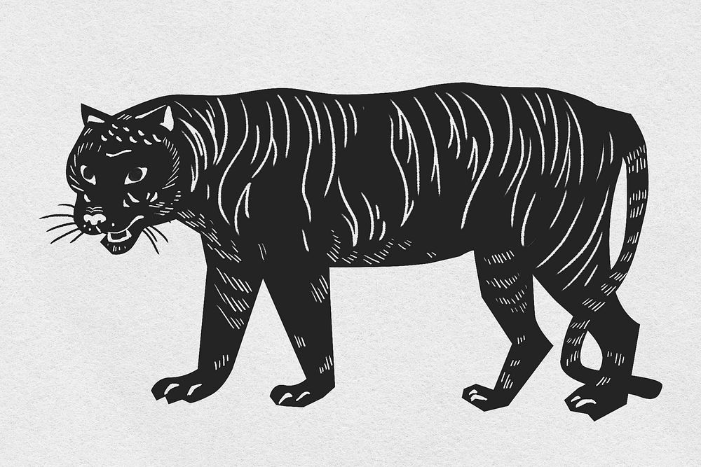 Vintage tiger animal psd linocut stencil pattern clipart
