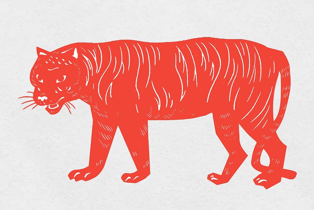 Vintage red tiger wildlife animal hand drawn