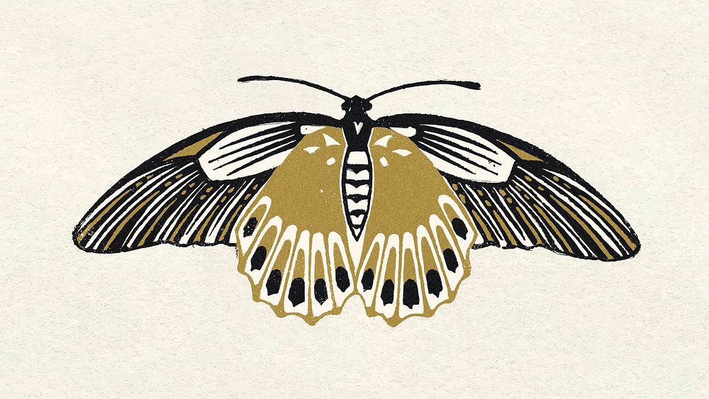 Gold black moth vintage linocut clipart
