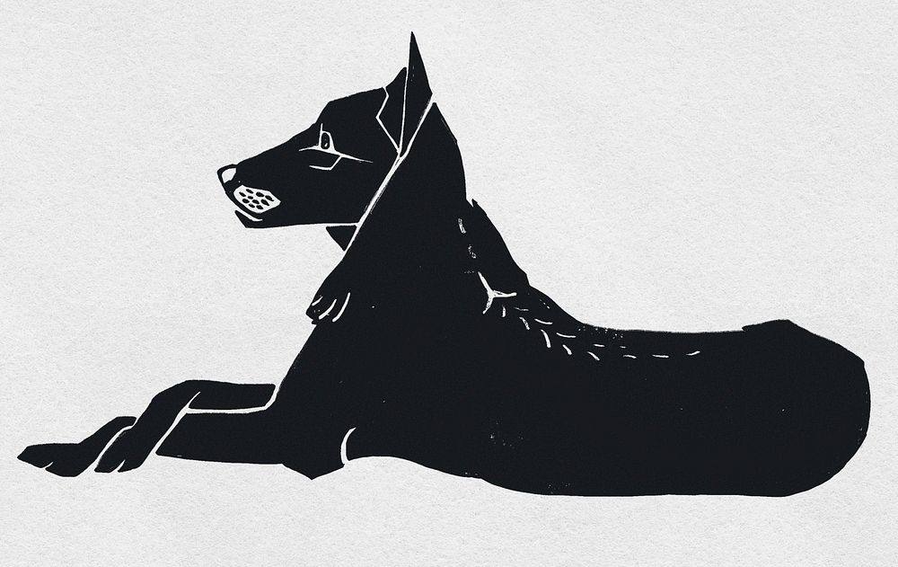Vintage dog psd black linocut hand drawn