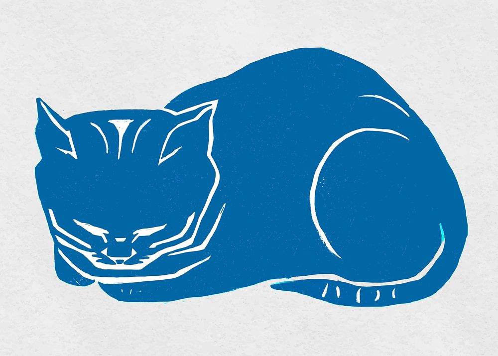 Vintage blue cat animal hand drawn clipart