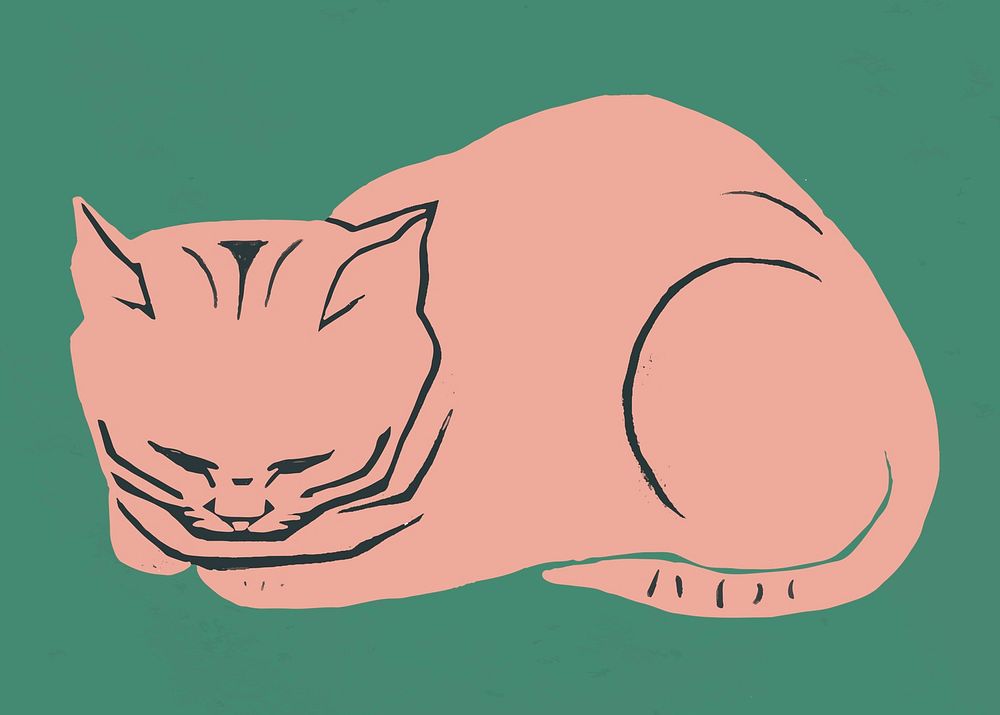 Peach cat animal vintage linocut drawing
