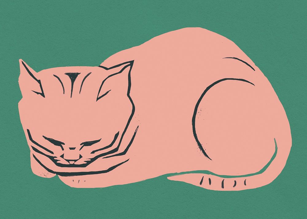 Peach cat animal psd vintage linocut drawing