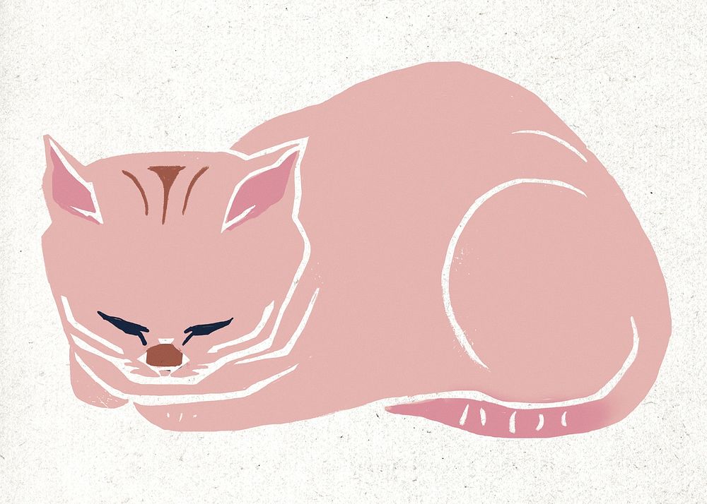 Pink cat animal vintage linocut drawing