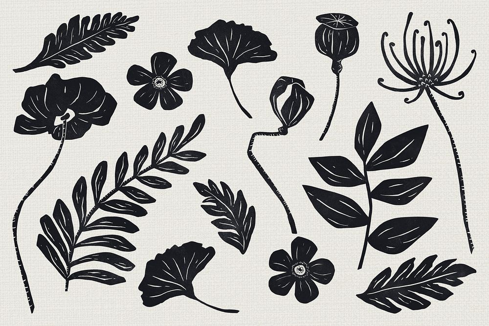 Black flowers psd linocut hand drawn floral set
