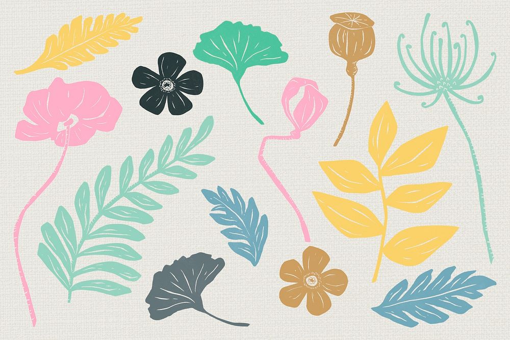 Vintage blooming flowers psd colorful linocut style illustration set