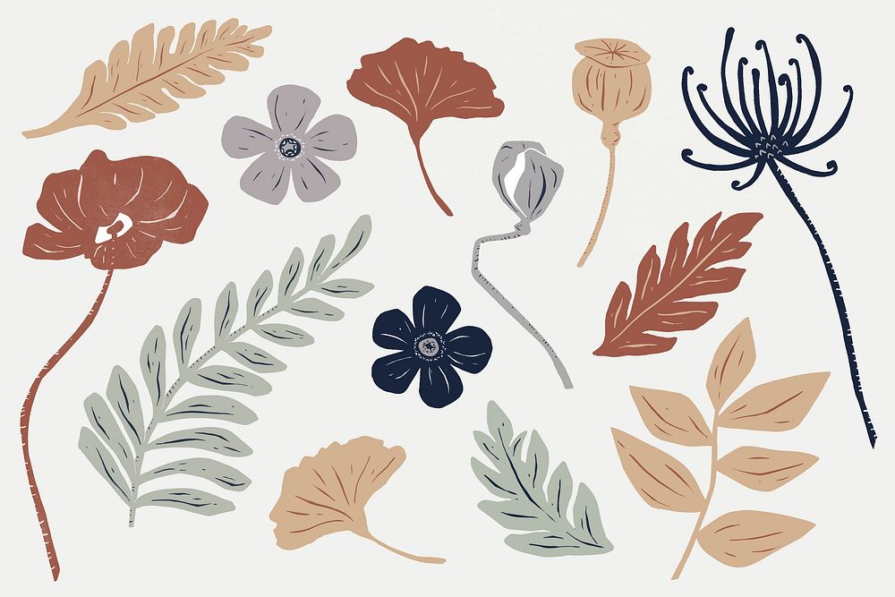 Vintage colorful blooming flowers vector linocut drawing collection