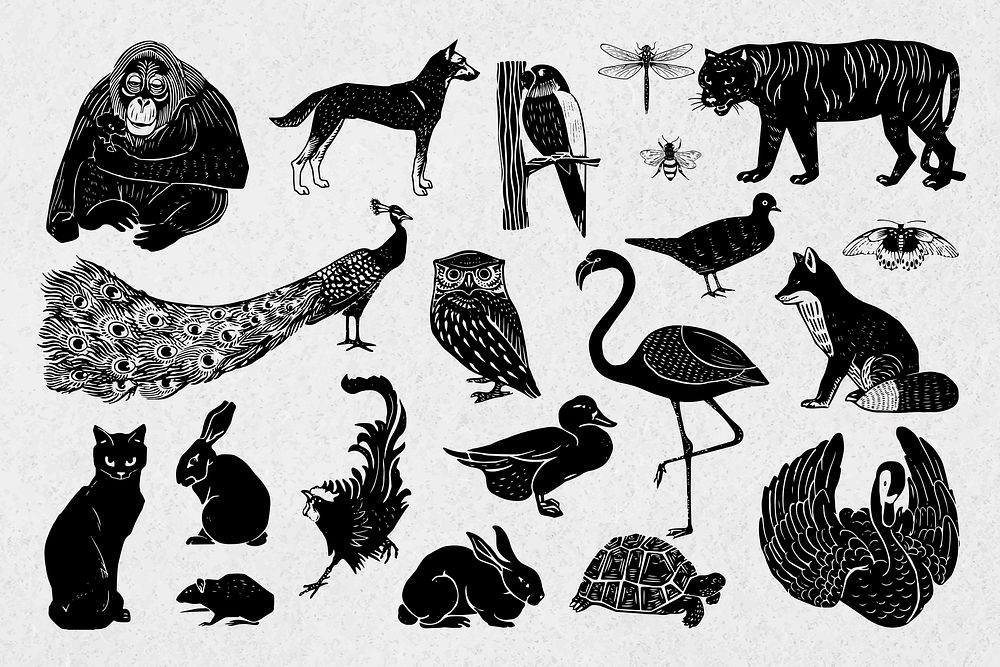 Animals vector black linocut stencil pattern drawing collection