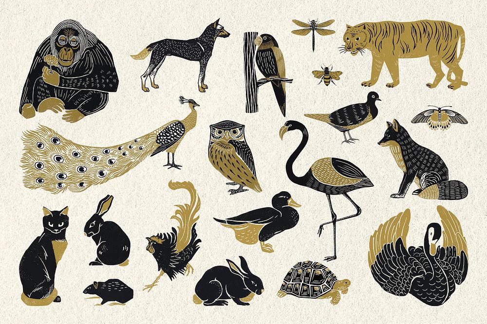 Vintage wild animals psd stencil painting collection