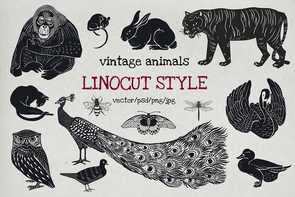 Vintage animals linocut style psd set