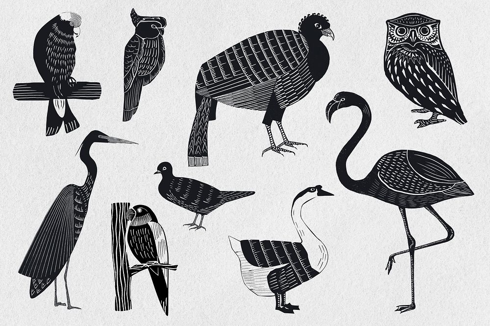 Birds psd black linocut stencil pattern drawing collection