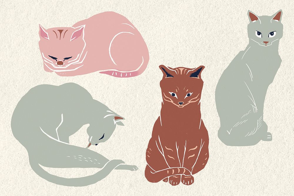 Vintage cats psd drawing linocut style set