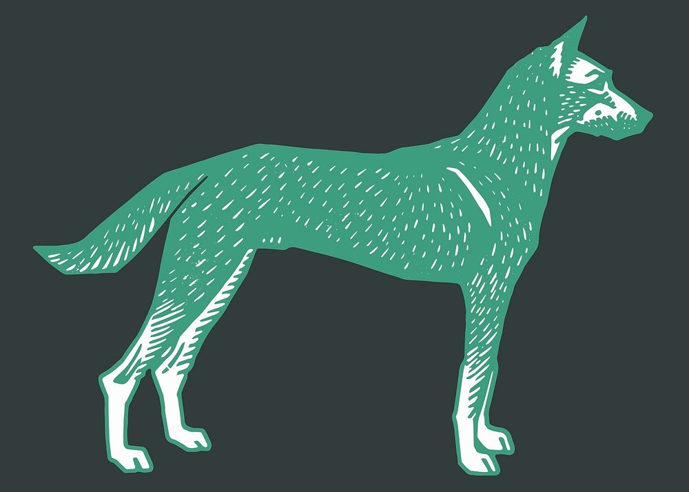 Linocut green dog animal vintage drawing