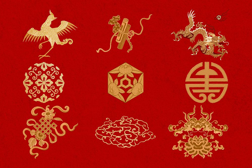 Oriental Chinese art psd animal gold decorative ornament set