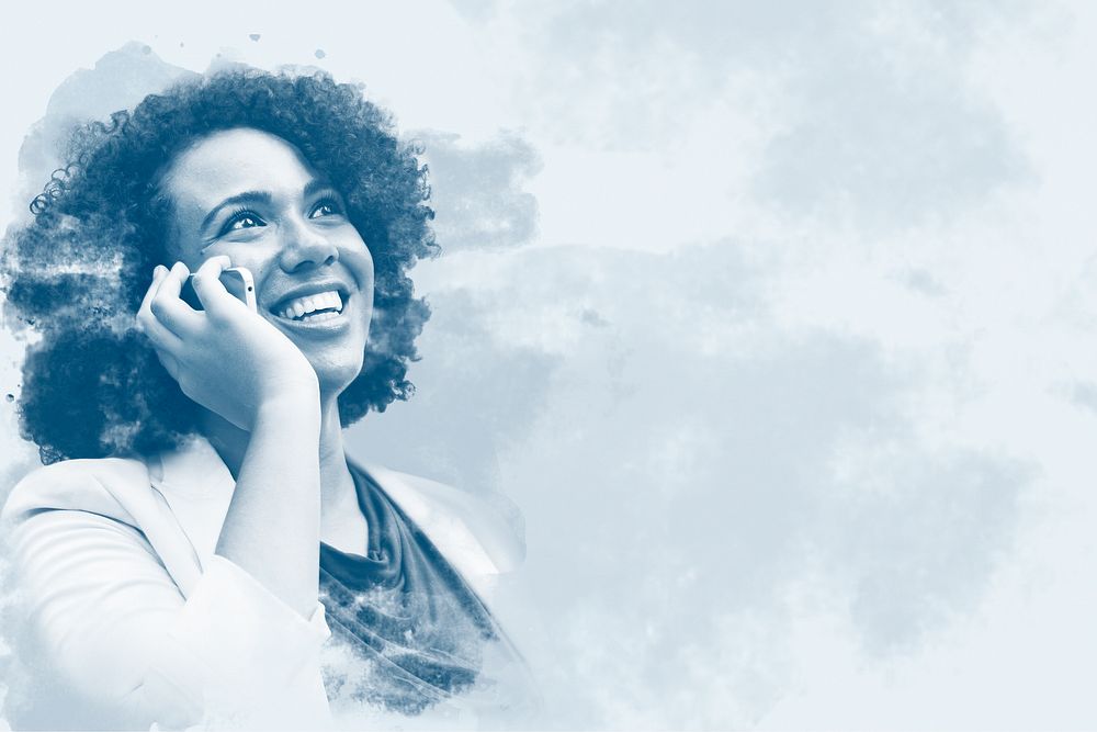 Young business woman on phone over city background monochrome