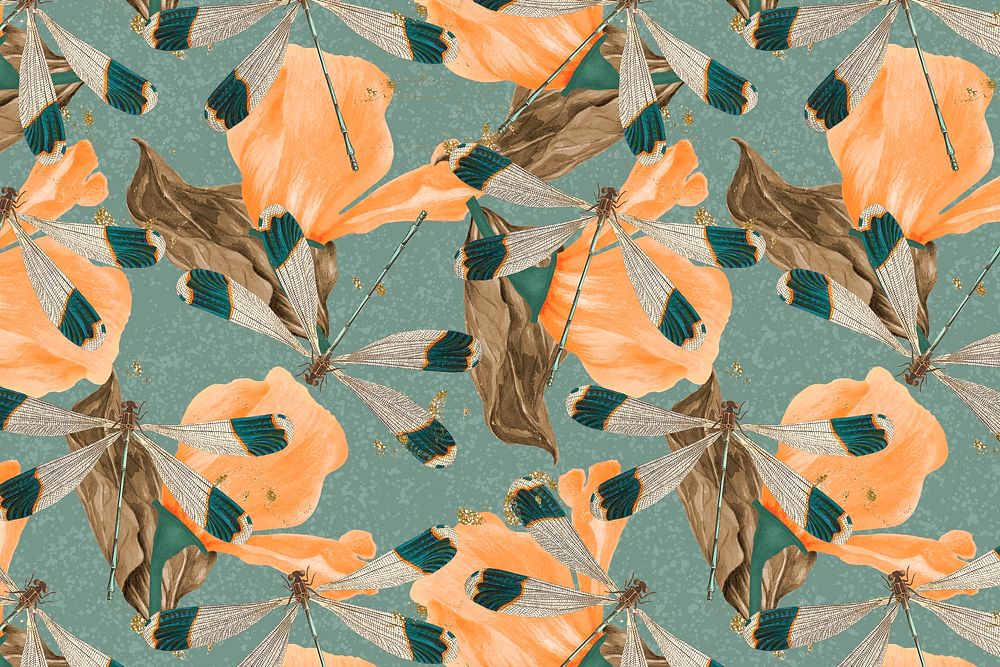 Dragonfly and leaf abstract pattern psd, vintage remix from The Naturalist's Miscellany by George Shaw