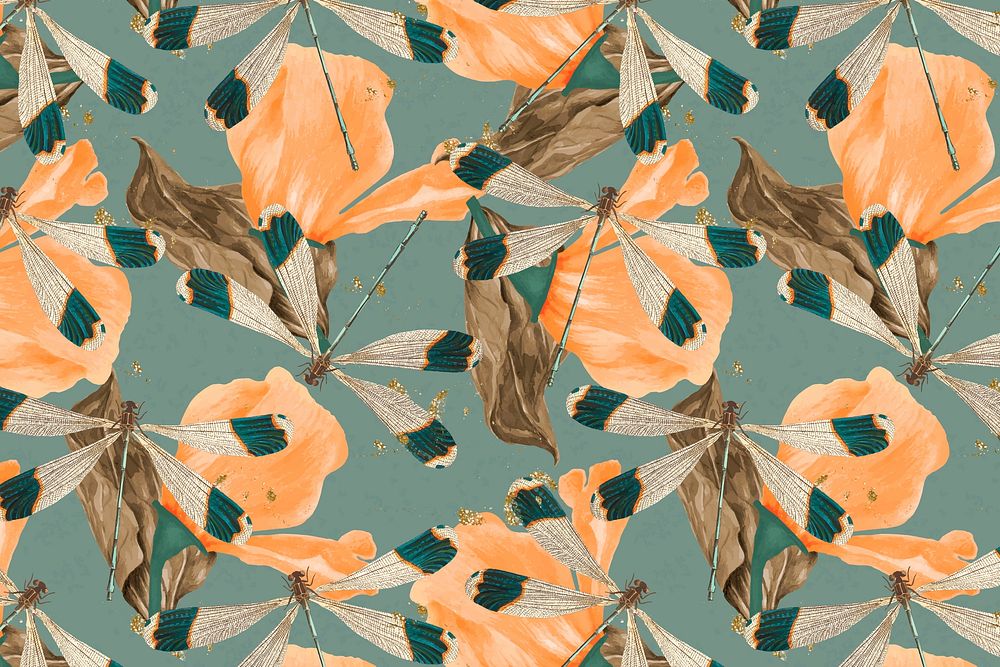 Dragonfly and leaf abstract pattern vector, vintage remix from The Naturalist's Miscellany by George Shaw