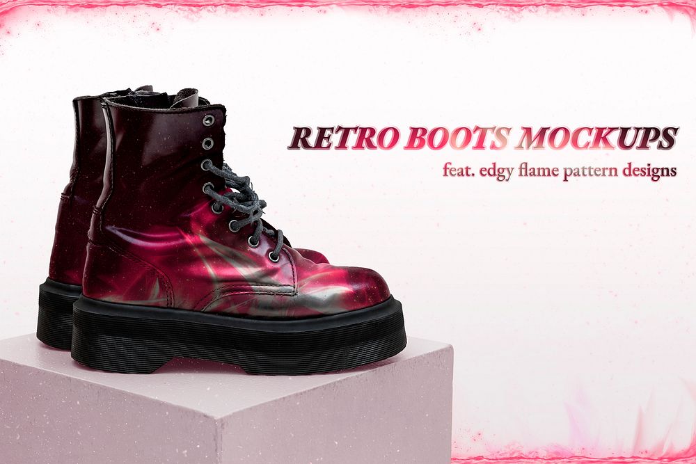 Retro boots mockup psd with pink fire print 