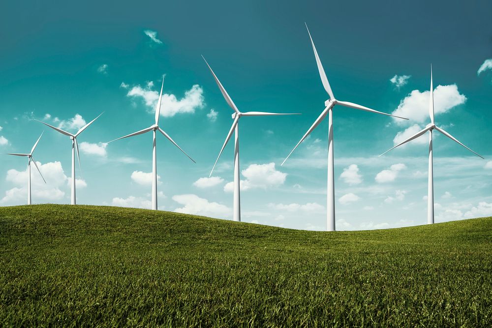 Wind turbines creating sustainable energy background