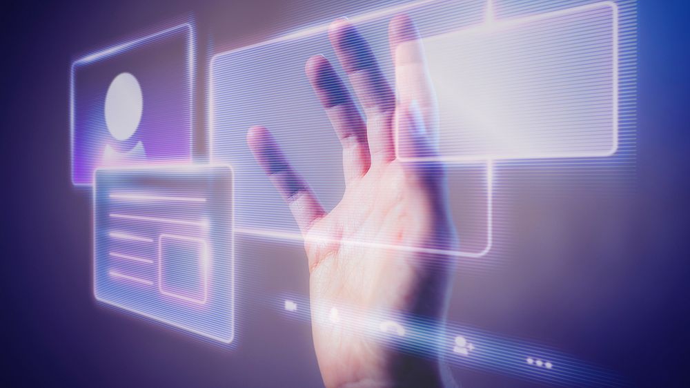 Woman touching a smart technology holographic interface HD wallpaper