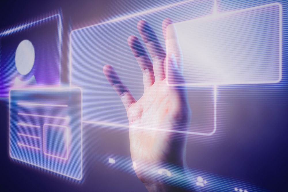 Woman touching a holographic interface psd smart technology