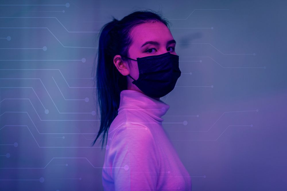 Pink neon girl wearing face mask in new normal