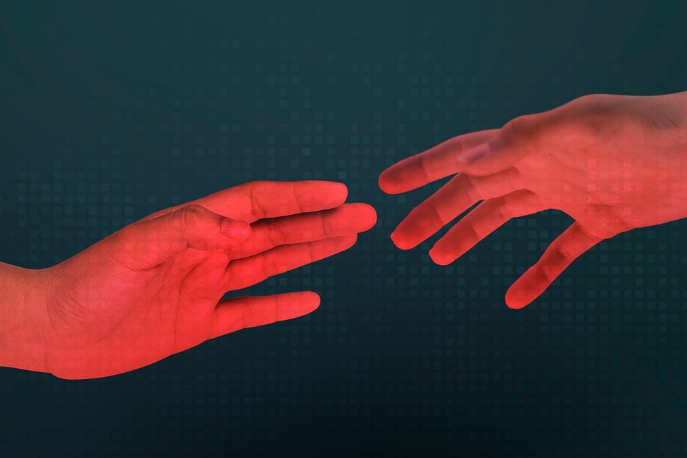 Human red hands psd reaching for each other smart technology