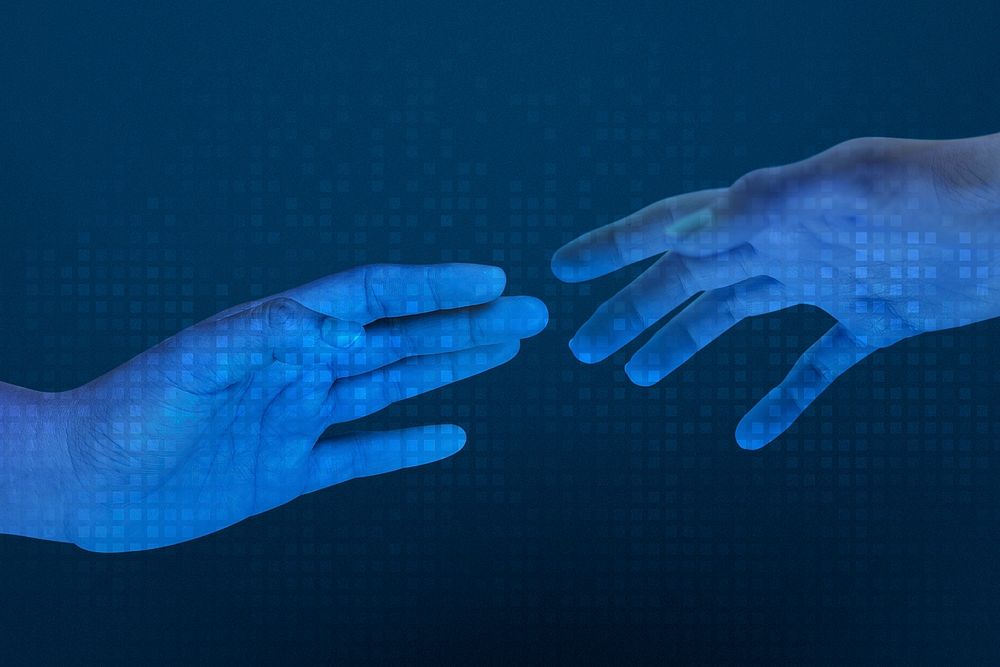 Human blue hands psd reaching for each other smart technology