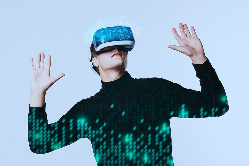 Man wearing VR goggles working on virtual hologram data  smart technology