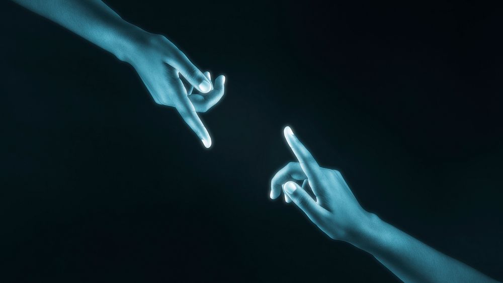 Human hands reaching for each other digital technology social media cover blue