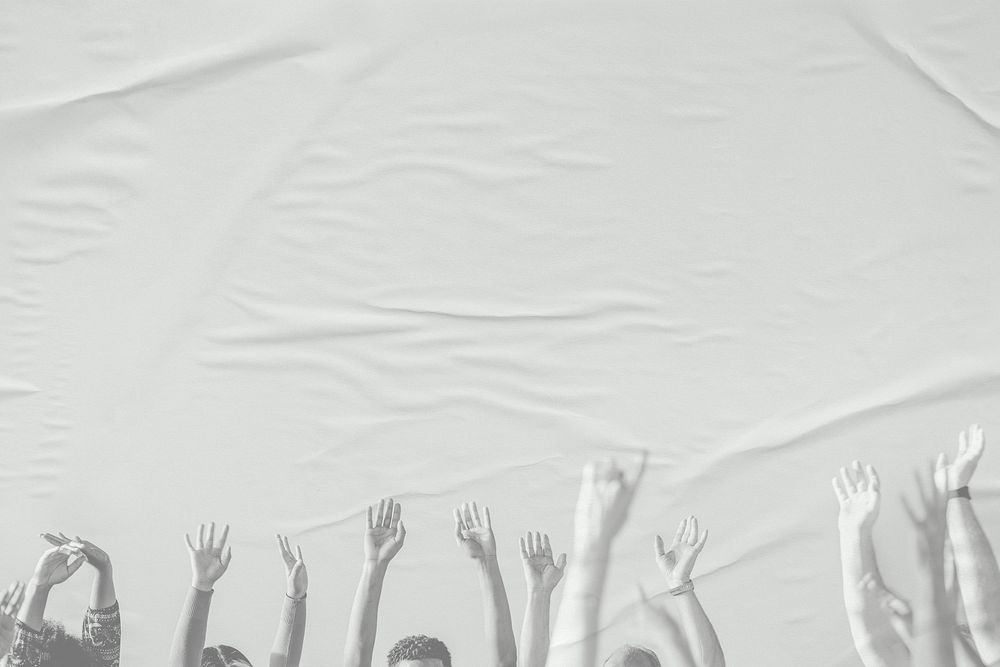 Group of people raising arms white background