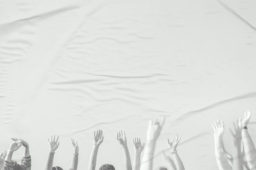 Psd group of people raising arms white background