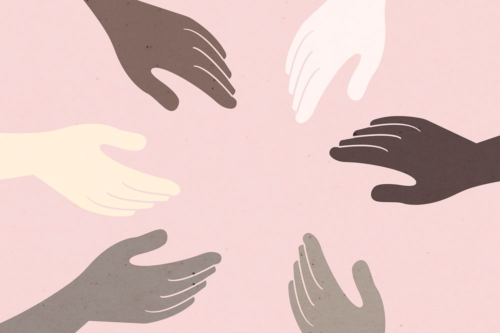 Diverse hands psd united colorful pink background