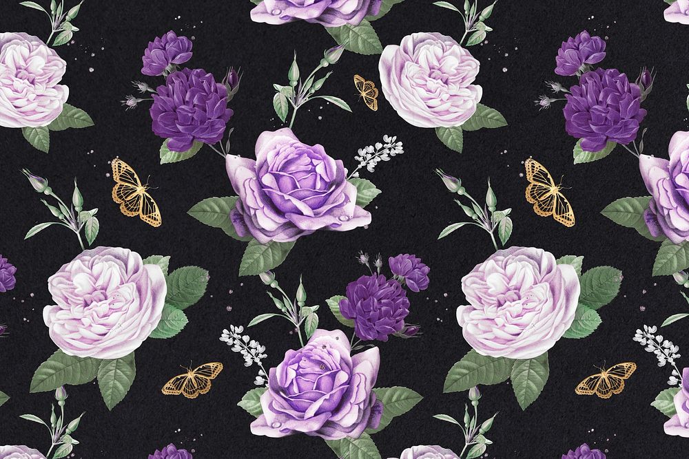 Purple cabbage roses psd and butterfly watercolor pattern