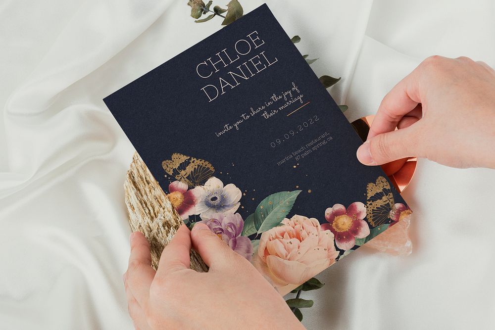 Classic floral green psd wedding invitation card mockup