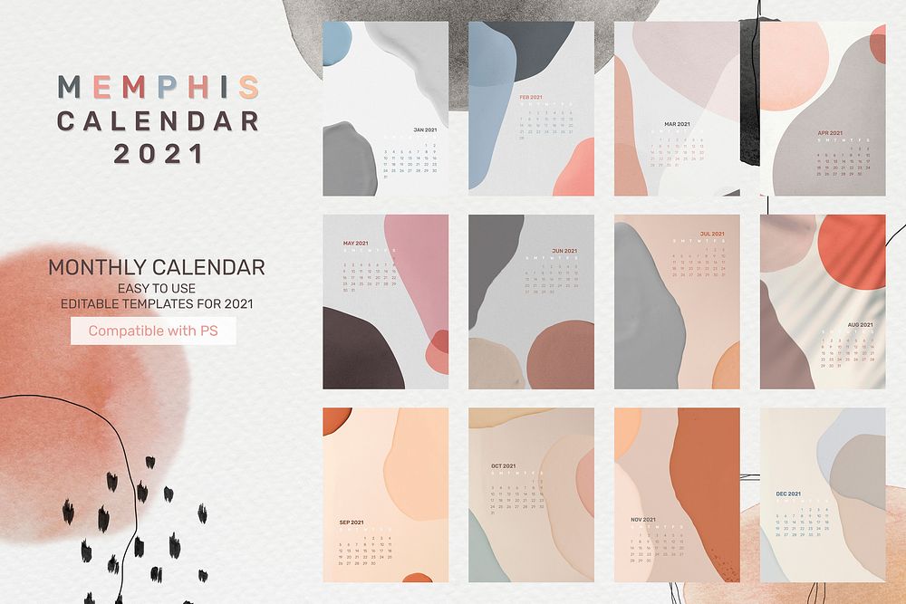 2021 printable Memphis calendar template psd monthly set abstract background
