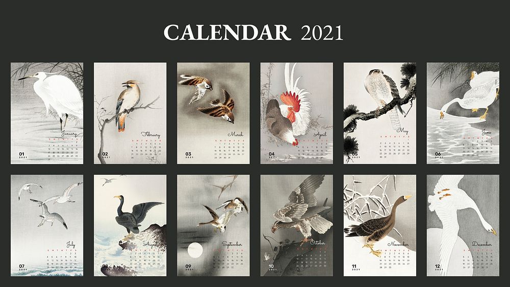 Calendar 2021 printable template psd set Japanese bird remix from Ohara Koson