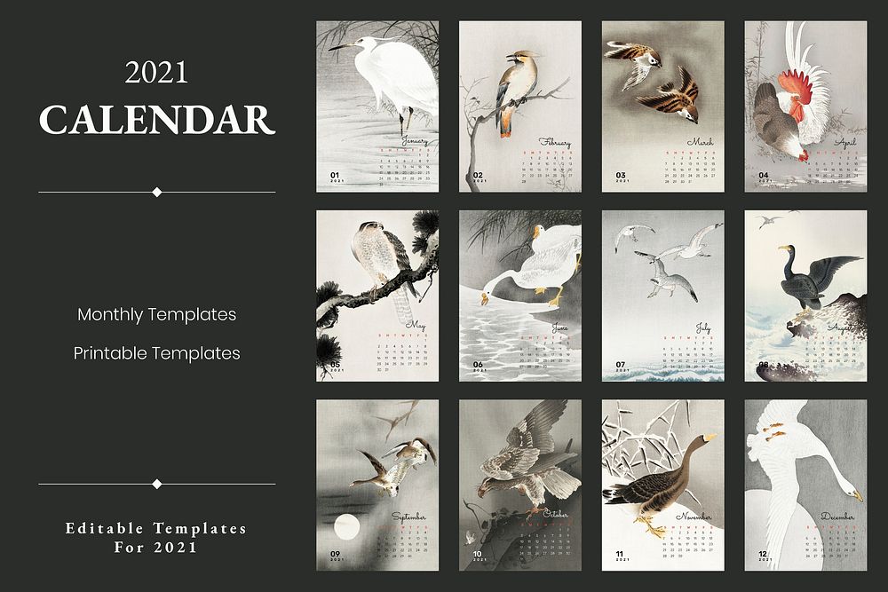 2021 calendar printable template vector set Japanese bird remix from Ohara Koson