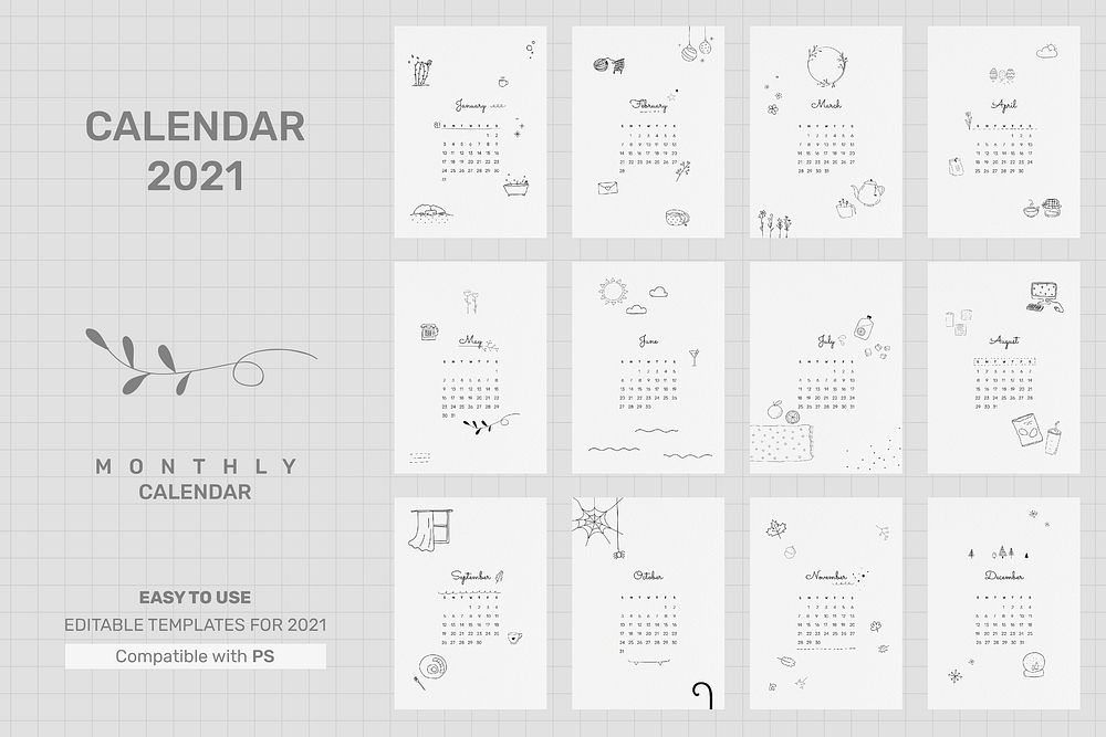 2021 calendar printable template psd monthly set cute doodle drawing