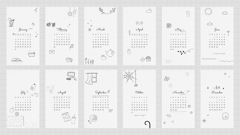 2021 calendar printable template vector set cute doodle drawing