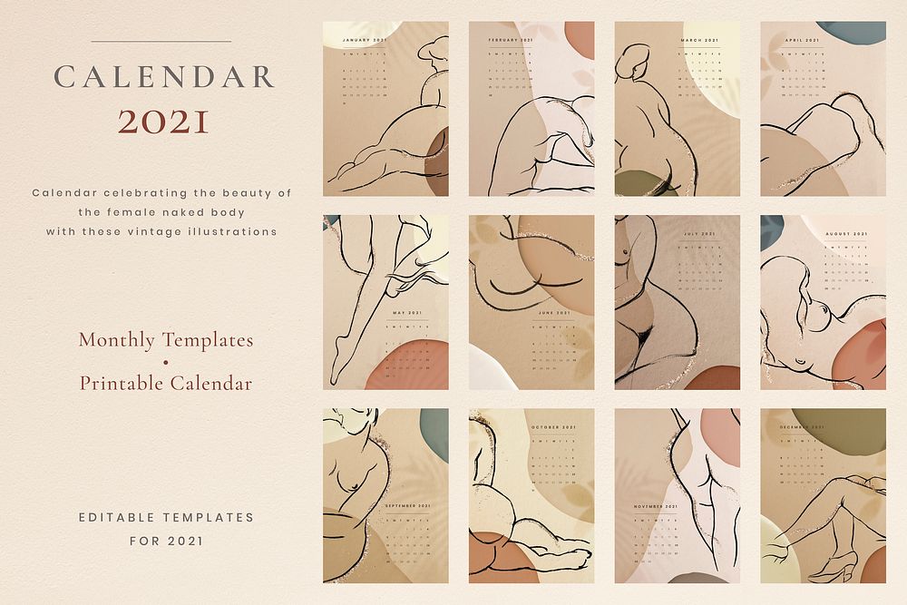 2021 calendar printable template vector set sketched nude lady background
