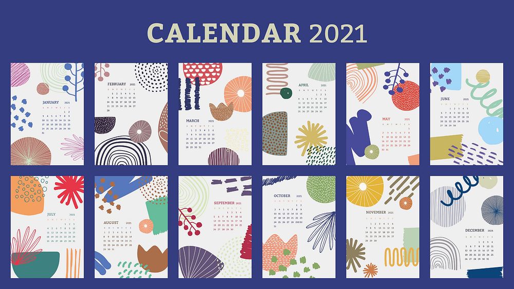 Calendar 2021 printable template psd set Scandinavian mid century background