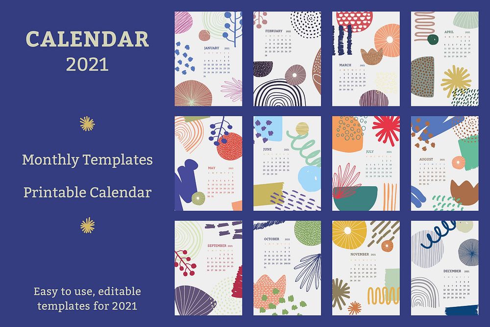 Calendar 2021 printable template vector monthly set Scandinavian mid century background