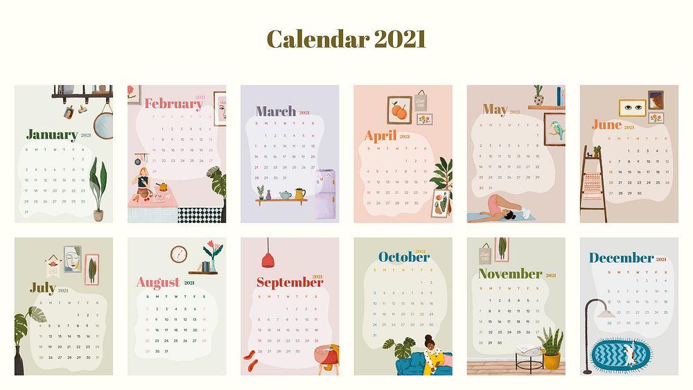Calendar 2021 printable template vector monthly set  hand drawn lifestyle