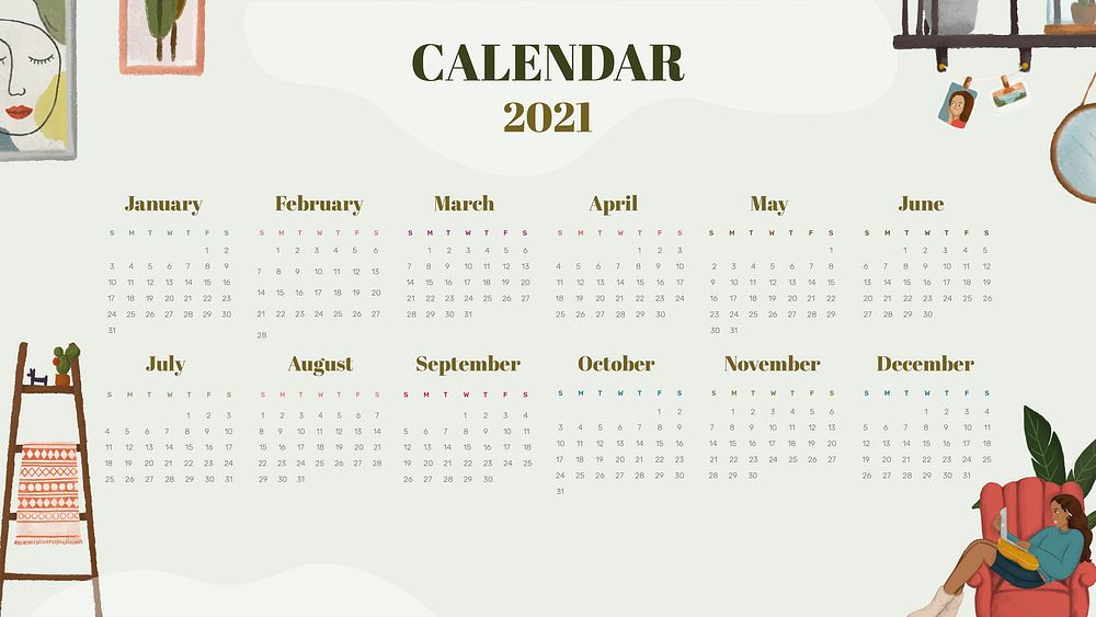 2021 calendar set hand drawn lifestyle