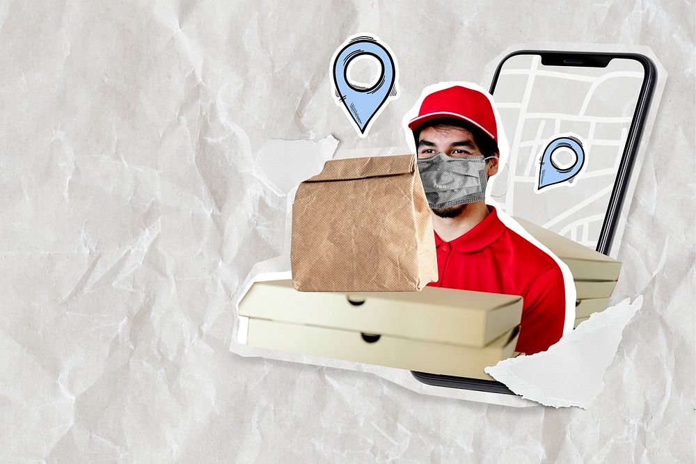 Delivery man delivering pizza psd online food service