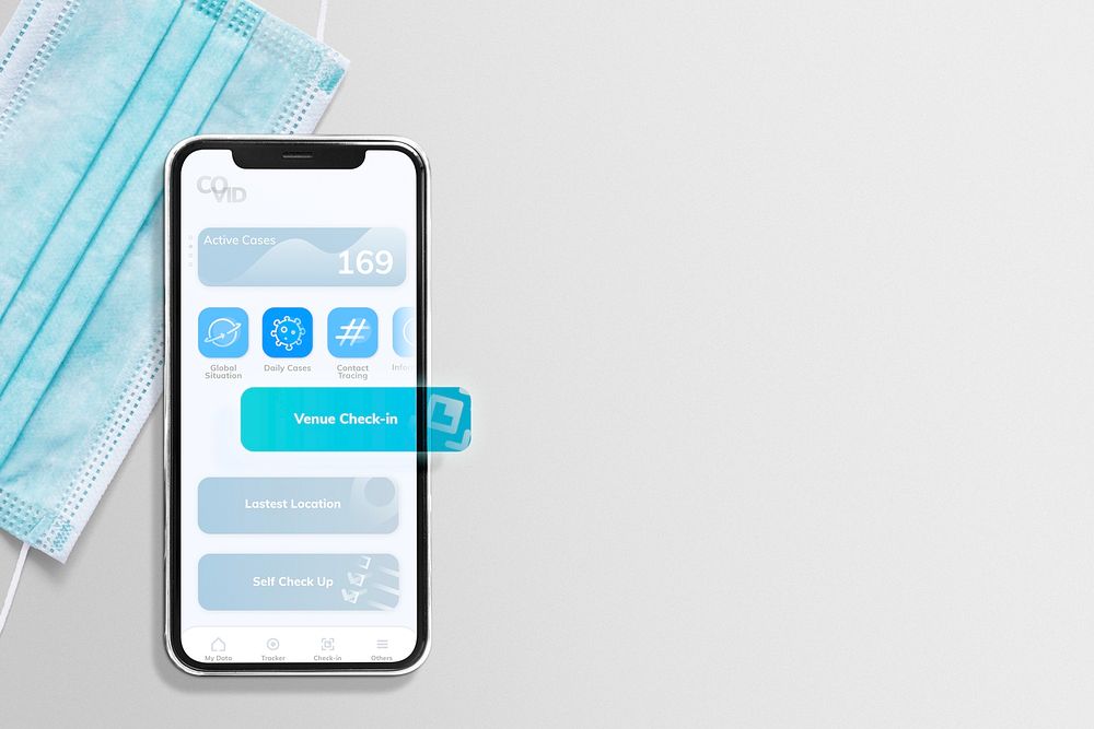 Smartphone screen mockup psd with Covid 19 tracking app