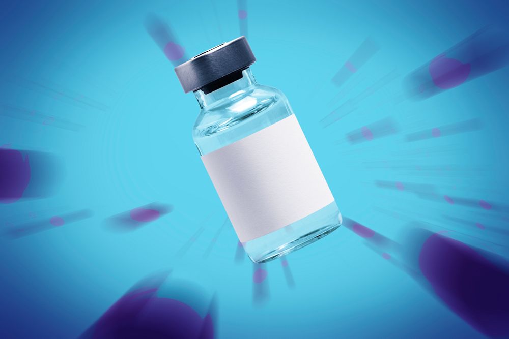 Vaccine vial mockup psd with a needle syringe