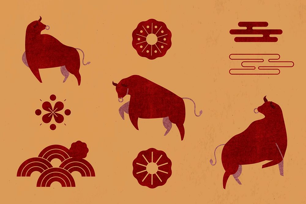 2021 Chinese New Year psd Ox red illustration collection