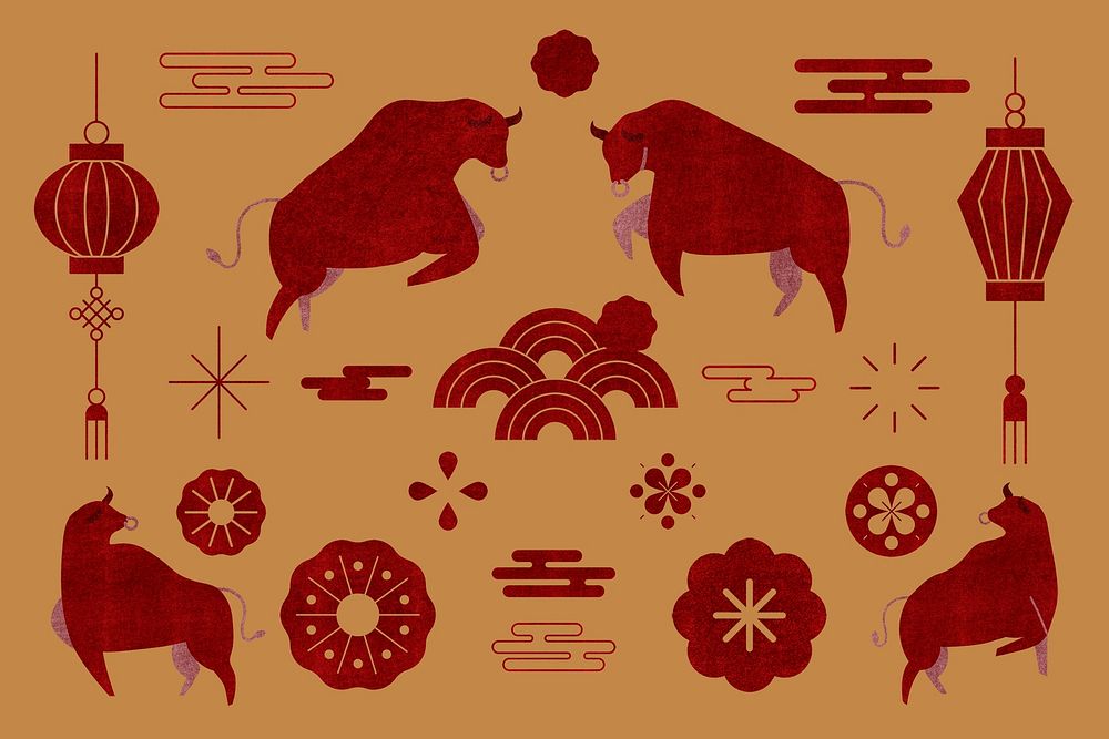 Chinese New Year psd Ox red illustration set